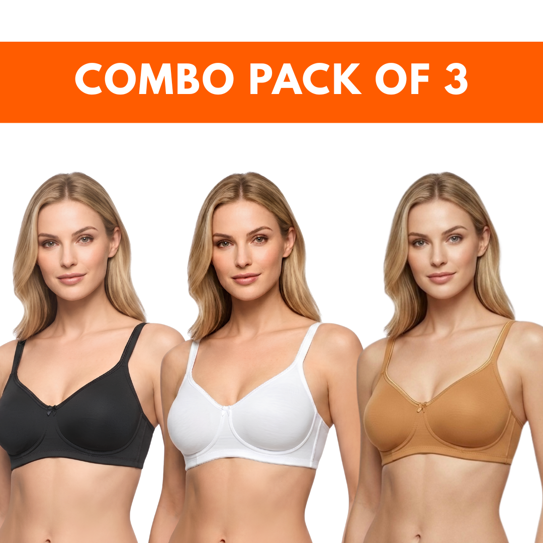 (PACK OF 3) BOSTON BRA | SIDE CUSHION | B CUP | NON PADDED | NON WIRED | COTTON HOSIERY LYCRA | EVERYDAY TSHIRT BRA (Copy)