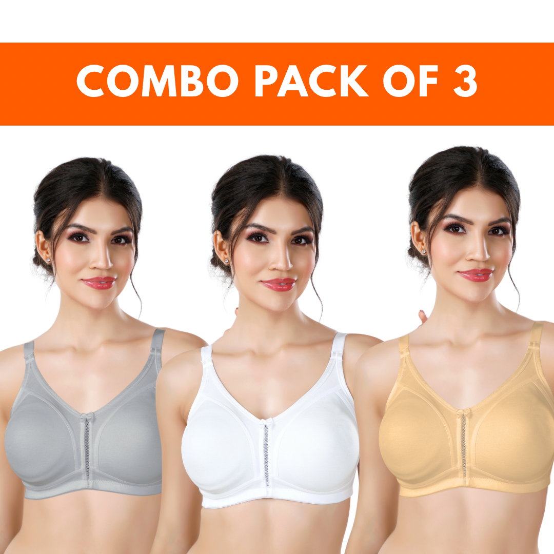 (PACK OF 3) MOSCOW BRA | D CUP | SEMI PADDED | NON-WIRED | FULL COVERAGE | COTTON HOSIERY FABRIC | HEAVY BUST SUPPORT | VALUE PACK FOR EVERYDAY